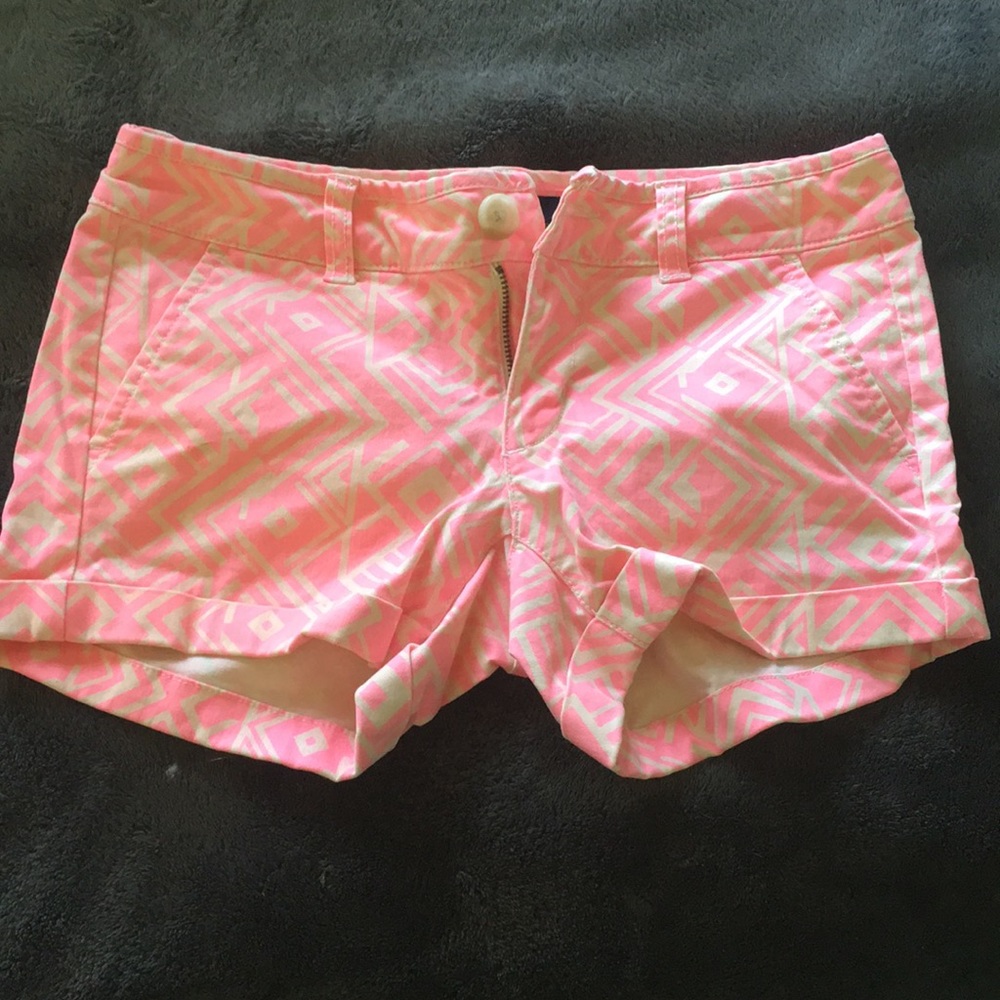 american eagle, midi, pink patterned shorts